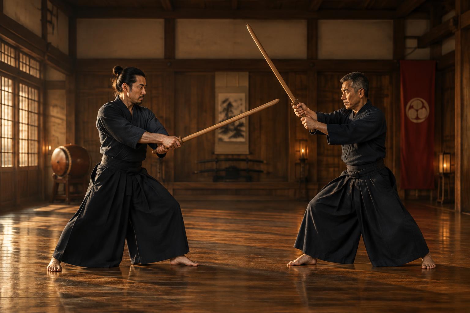 Due praticanti di arti marziali giapponesi si allenano con bokken in un dojo